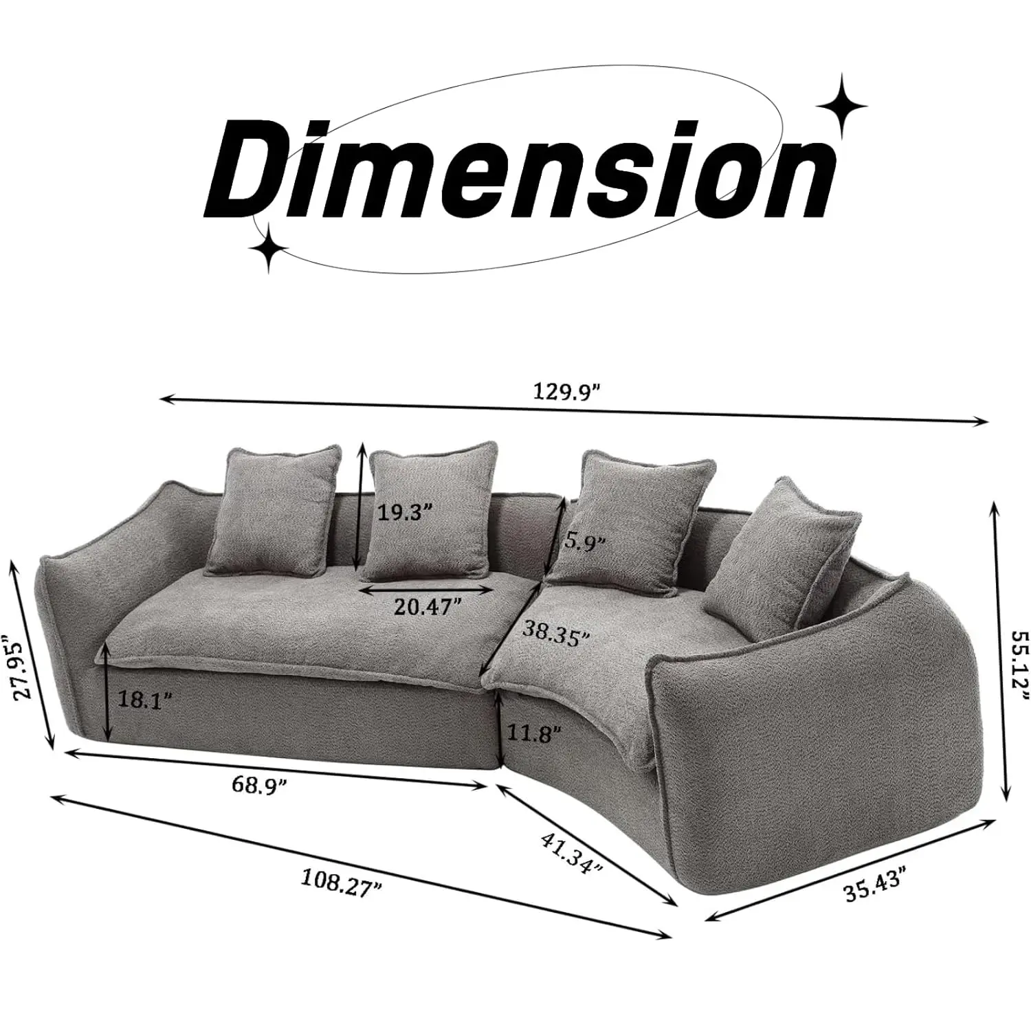 129.9" Modular Sectional Sofa with 4 Throw Pillow, Fabric Modern 5 Seat Round Shaped Convertible Sofa for Living, Customized - Image 6