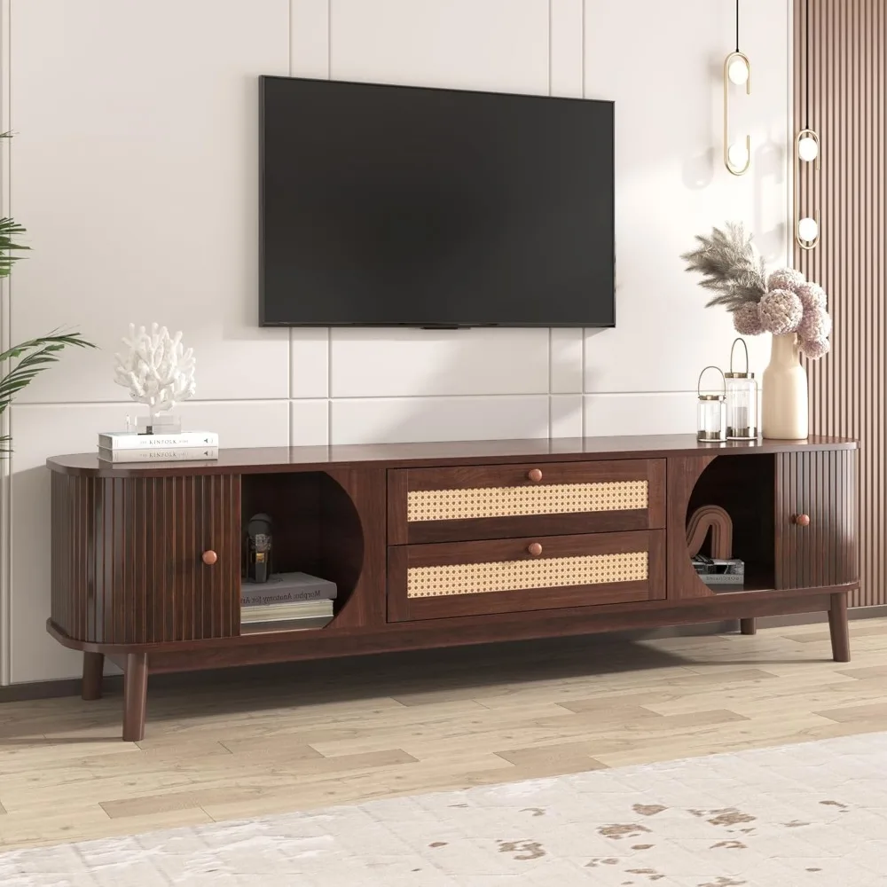 Modern Fluted TV Stand for 75" TVs, Mid-Century Entertainment Center Tambour Door MediaConsole TV Cabinet with Rattan,Customized