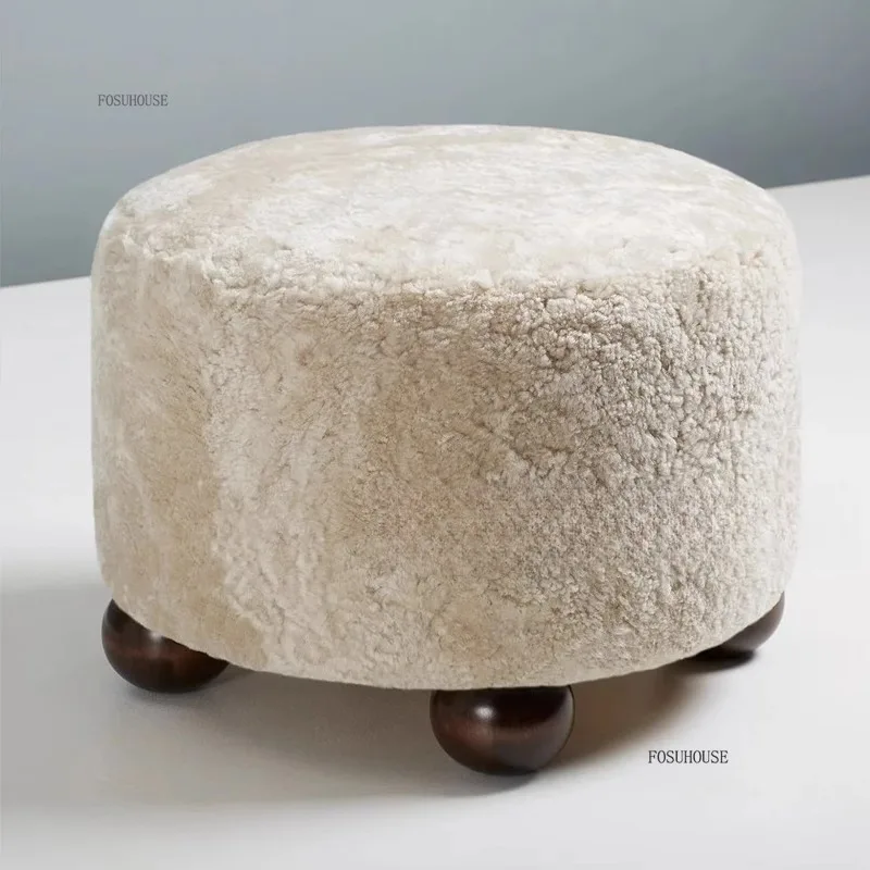 Medieval Cream Lamb Wool Low Ottomans French Fabric Shoe Changing Stool Designer Home Sofa Stools Bedroom Dressing Stool - Image 2