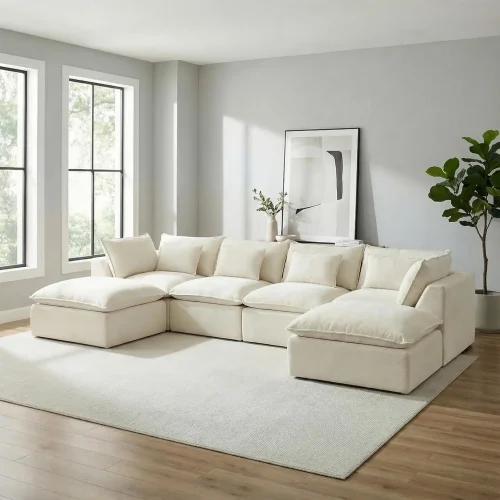 130" Oversized Cloud Sectional Sofa, U Shaped Waffle Knit Boneless Couch, 4-Seater Large Modular Foam Set -Customized