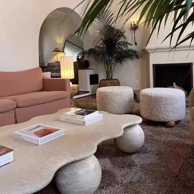 Lamb Wool Low Ottomans Medieval Cream French Fabric Shoe Changing Stool Designer Home Sofa Stools Bedroom Dressing Stool Living - Image 4