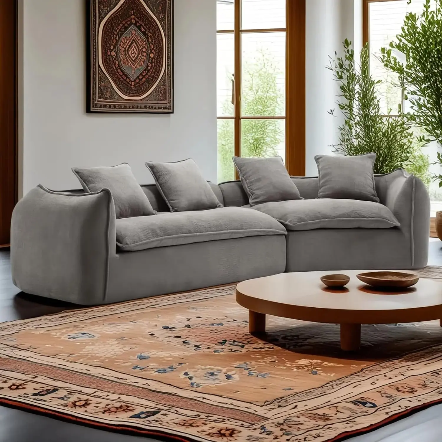 129.9" Modular Sectional Sofa with 4 Throw Pillow, Fabric Modern 5 Seat Round Shaped Convertible Sofa for Living, Customized - Image 3