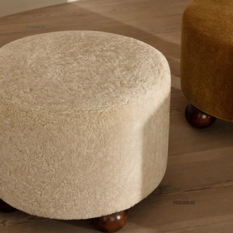 Medieval Cream Lamb Wool Low Ottomans French Fabric Shoe Changing Stool Designer Home Sofa Stools Bedroom Dressing Stool - Image 5