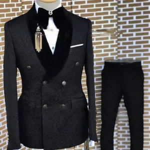 Double Breasted Black Jacquard Men Suits Set Formal Blazer Pant Suits Sets For Wedding Best Man 2Pcs Groom Suit Wedding Dress