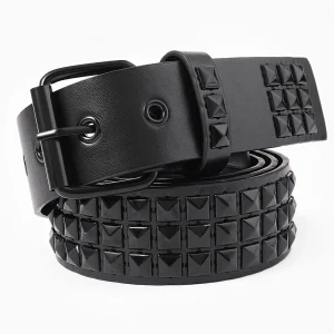 Black Three-Row Rivets Punk Style Fashionable Belt for Men and Women Rock Metal Belt