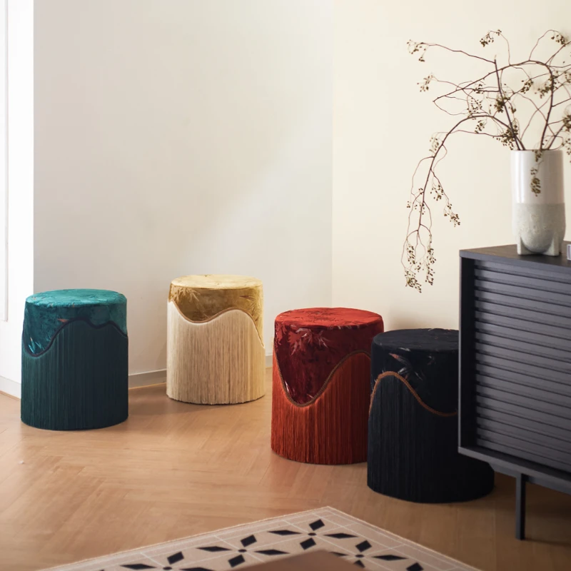 Original Removable and Washable New Chinese Medieval Cut Velvet Fringed Makeup Low Stool Shoe Changing Stool with - Image 2