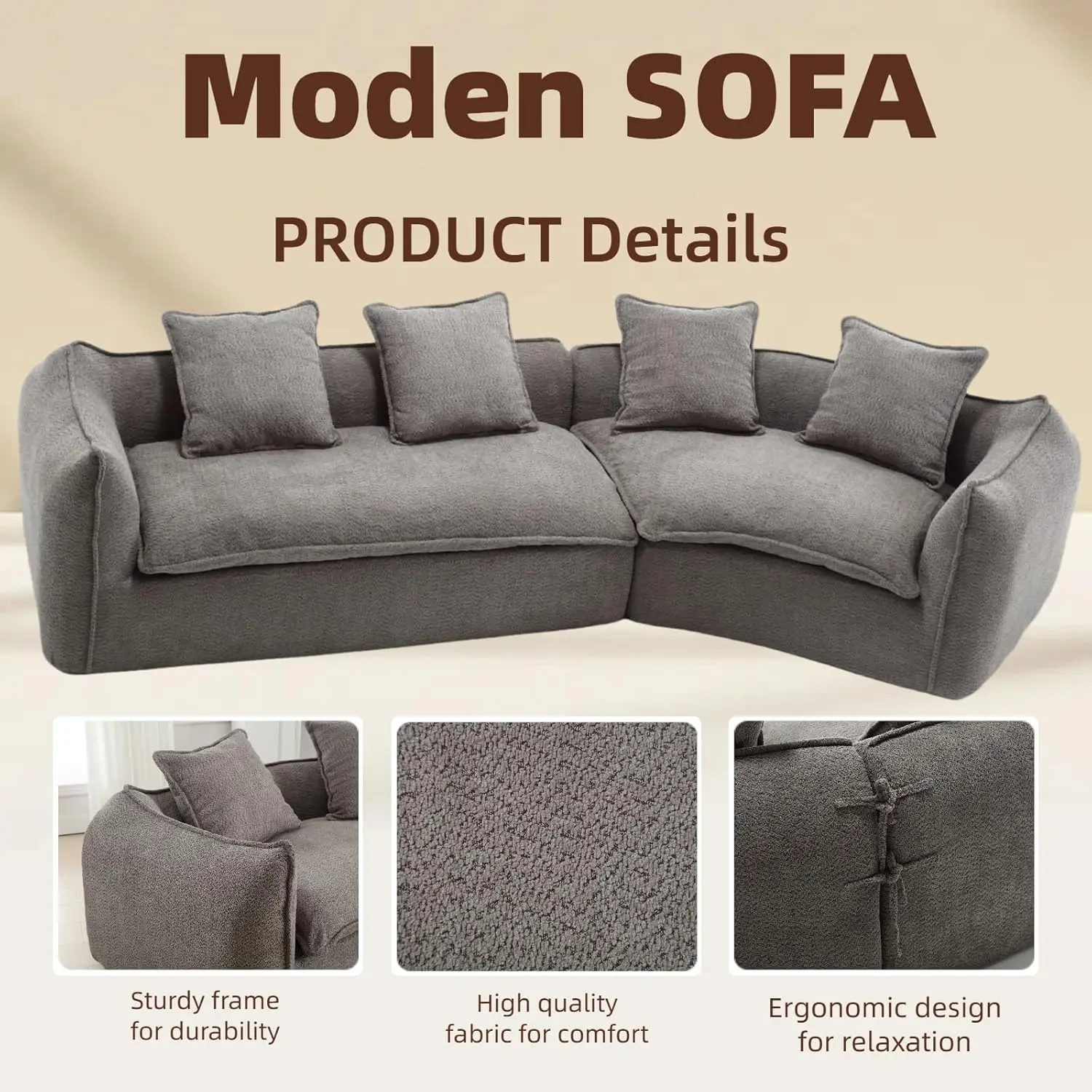 129.9" Modular Sectional Sofa with 4 Throw Pillow, Fabric Modern 5 Seat Round Shaped Convertible Sofa for Living, Customized - Image 4