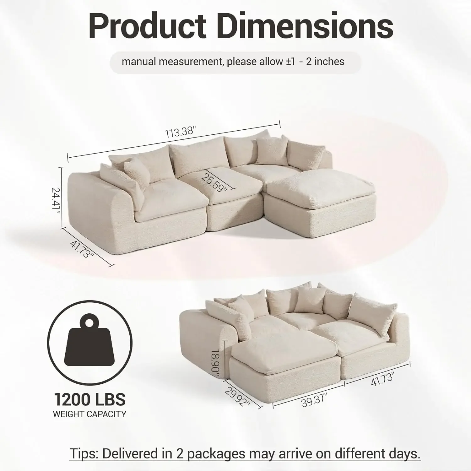 Cloud Boneless 113'' Sofa Couch Deep Seat Modular Sectional with Ottoman Customized Living Room Furniture - Image 6