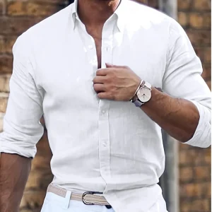 Men's Spring And Summer New Cotton Hemp New Men's Cool Long Sleeve Shirt Solid Color Loose Lapel Casual Beach Style Shirt