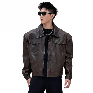 Washing Leather Jacket Men's American Streetwear Loose Casual Short Motorcycle Jacket Man Korean Fashion Leather Coat Outerwear
