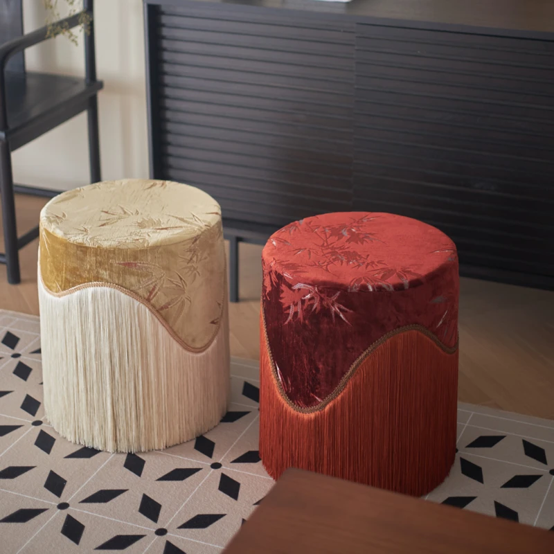 Original Removable and Washable New Chinese Medieval Cut Velvet Fringed Makeup Low Stool Shoe Changing Stool with - Image 4