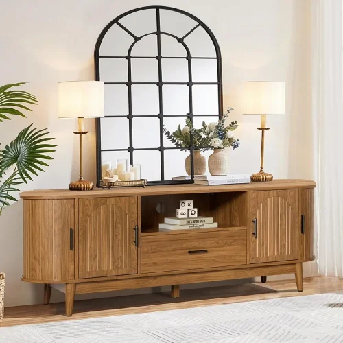 Mid-Century Modern Entertainment Center with Drawers and Fluted Doors,Curved TV Media Console Table,Customized