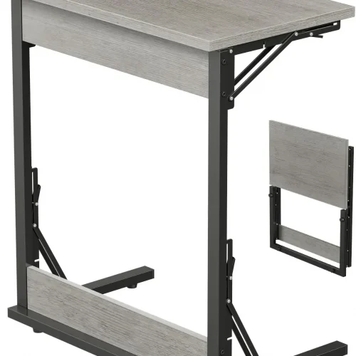 24" Wide Folding C-Shaped End Table, Small Side Desk for Couch, Sofa TV Tray Table with Metal Frame for Living Room, Bedroom