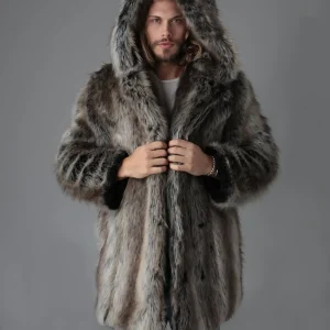 Hot Selling Men's Thick Hooded Personality Winter Mid-Length Coat High Quality Faux Fur Coat