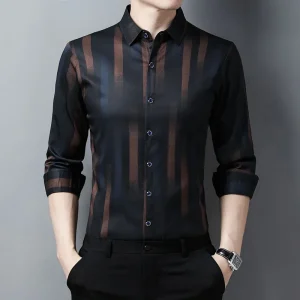 New Men's Casual Printed Long Sleeved Lapel Shirt for Spring and Autumn Fashion Comfortable Wrinkle Free Top Without Ironing